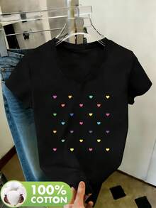 Camiseta de verano para mujer con cuello en V y manga corta, con coloridos diseños de corazones pequeños, 100% pura, lavable a máquina, fácil y casual, suave y cómoda - Negro - Ver 2