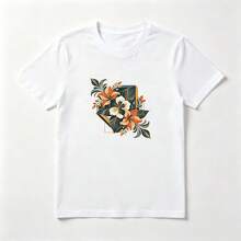 Camiseta Estampado Flores Naranjas con Hojas - Algodón Natural Mujer Verano - Blanco - Ver 1