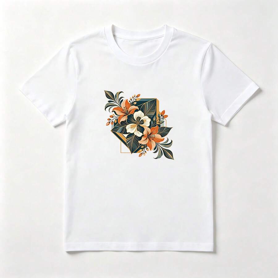 Camiseta Estampado Flores Naranjas con Hojas - Algodón Natural Mujer Verano - Blanco - Ver 1