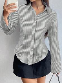 Camisa de manga larga casual a rayas que ciñe la cintura, apta para primavera/verano/otoño, tops de manga larga - Multicolor - Ver 6