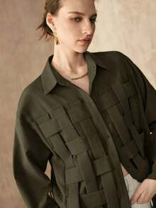 Camisa de mujer de tejido liso de punto a mano con hombros rectos, mangas largas, abertura media, diseño de estructura de punto a mano, uso casual, camisa marrón para verano y primavera - Verde militar - Ver 6