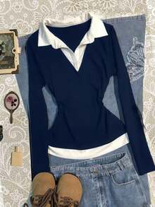 Blusa casual de manga larga con cuello de contraste y diseño 2 en 1 para mujer - Azul marino - Ver 4