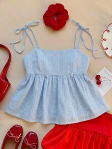 Camiseta de tirantes con lunares tejidos en blanco para mujer - Azul 3 - Ver 5