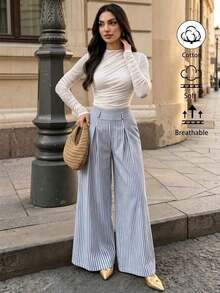 Pantalones de traje a rayas azul marino para mujer, de cintura alta, elegantes y de moda, con pliegues, cintura elástica, rectos y anchos, casuales, adecuados para primavera/otoño, uso diario y versátiles - Azul y blanco - Ver 12