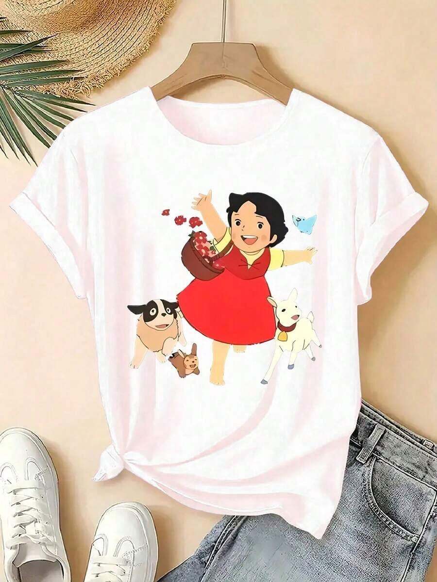 1 Piece Of Women's Short-Sleeved Sports T-Shirt - Cartoon And Animal Print Design, Machine Washable, Easy To Match, Comfortable And Casual, Round Neck, High-Quality Blend, Suitable For All Seasons, Available In Multiple Colors, Perfect For 180g 100% Cotton. - White - View 1