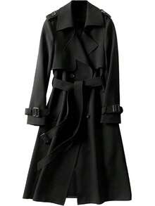 Gabardina larga de doble botonadura para mujer, clásica y elegante, chamarra de solapa a prueba de viento con cinturón, ropa exterior de otoño e invierno - Negro - Ver 1