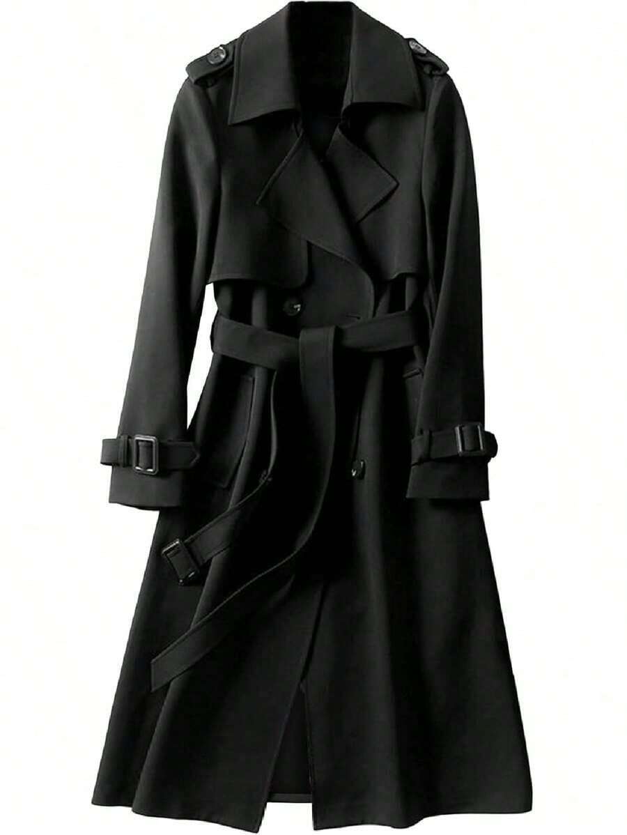 Gabardina larga de doble botonadura para mujer, clásica y elegante, chamarra de solapa a prueba de viento con cinturón, ropa exterior de otoño e invierno - Negro - Ver 1