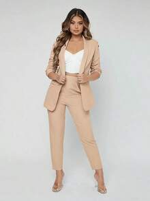 Traje de blazer con cuello de chal y pantalones para otoño/invierno - Caqui - Ver 4