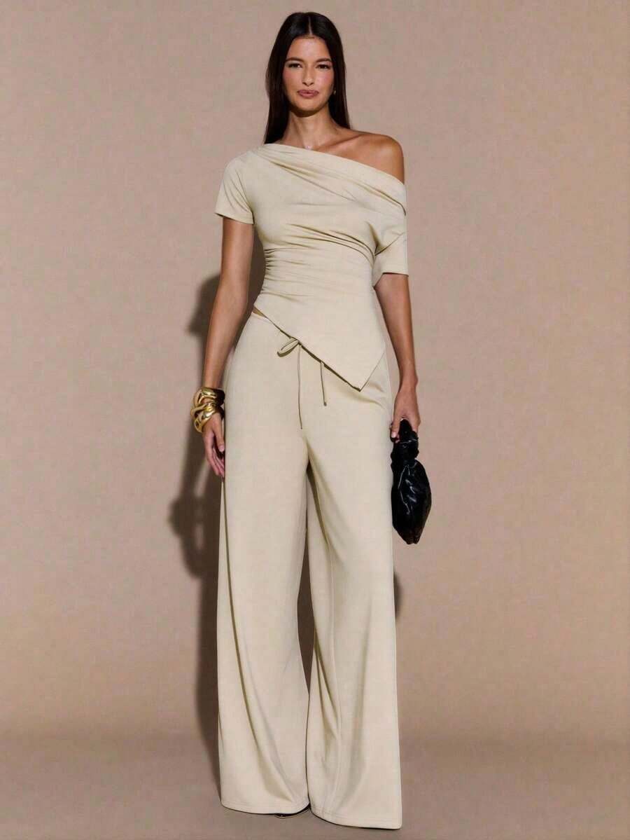 Conjunto de 2 piezas de top de manga corta y pantalones con cuello asimétrico sexy de color marrón sólido para mujer en otoño/invierno, Conjunto de 2 piezas de punto con forro térmico para mujer en otoño/invierno, Top asimétrico de punto básico para mujer - Albaricoque - Ver 1