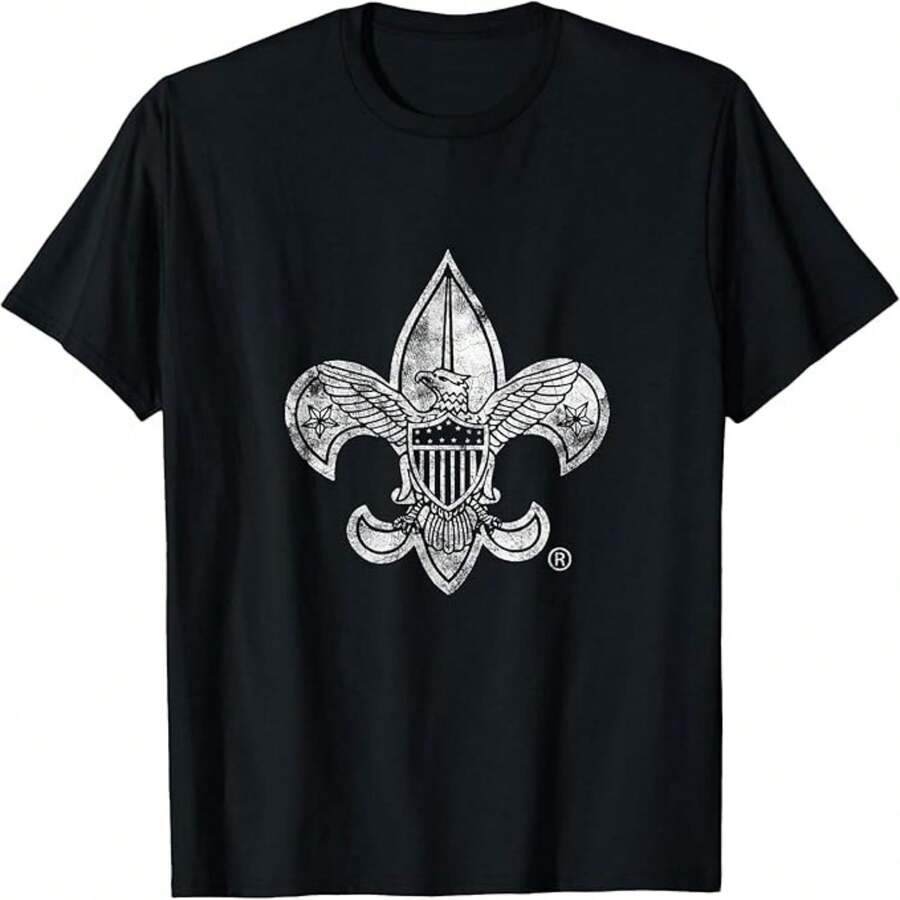 Camiseta informal de manga corta y cuello redondo para mujer, color negro, de algodón, con estampado grunge de águila y flor de lis, corte regular. - Negro - Ver 1