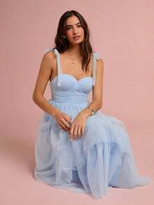 Vestido de mujer elegante de unicolor con tirantes de malla - Celeste - Ver 7