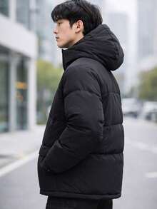 Men's Outdoor Winter Jacket, Thick Padded With Removable Hood - Black - View 2
