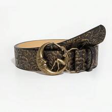 1pc Women's Retro Brown Floral Pattern PU Leather Belt With Carved Metal Buckle, Western Style Suitable For Commuting - Bronze - Human Face - View 7