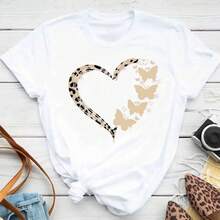 camisetas de manga corta con Prenda individual, no un conjunto de 3 piezas, 1 piezas/set de camisetas de manga suitable for streetwear, Top oversized cuello redondo daily outings, camping, concerts, hip-hop, rock, and rap events cuello redondo, estampado de letras inglesas y corazones, para mujer, estilo casual de verano - Blanco - Ver 2