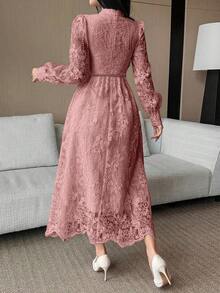 Vestido de media longitud con cinturón y cuello de encaje elegante para mujer, vestido de verano/primavera - Rosa - Ver 6