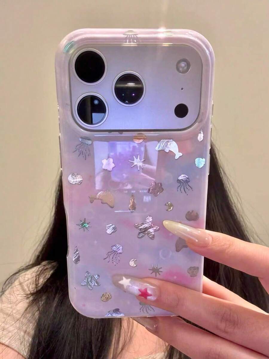 Tie-Dye Purple Dolphin & Shell Design Phone Case For IPhone 17 Pro Max, Stylish & Creative Rounded Edge Dual-Layer Protective Cover For IPhone 16 Pro, 15, 14, 13 Series - Purple - View 1
