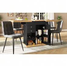Telescopic Dining Table (110-140*80cm), Foldable Kitchen Table For 4-6 People, Extendable Dining Table, Space-Saving Kitchen Table, For Kitchen And Living Room, Table With Snack Shelf And Wine Rack - Black,Natural - 查看 3