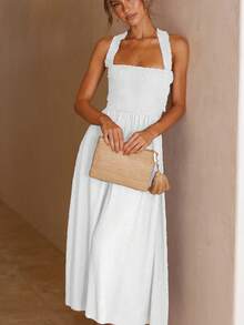 Sleeveless Boat Neck Dress In Solid Cotton Linen With Open Back, Elegant And Sensual European Style For Summer - White - View 6