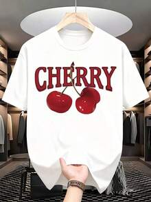 1 Fashionable Casual T-Shirt For Men And Women With Cherry Print, Casual Short Sleeve T-Shirt For Women, Summer Clothes With Fruit Design, It Is A Perfect T-Shirt To Give To Friends And Family On Any Holiday Or Special Occasion, Versatile, Easy To Match, Suitable For Daily Wear, Urban Style, Holiday Clothes, Weekend Wear. - 白色 - 查看 2