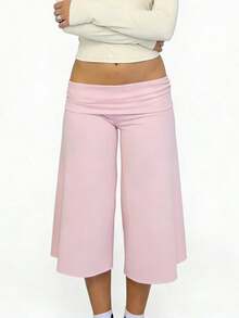 Y2K Fold-Over Waist Wide Leg Cropped Culottes, Low-Rise Casual Knit Pants For Women, Multi-Color Options - 粉色 - 查看 5