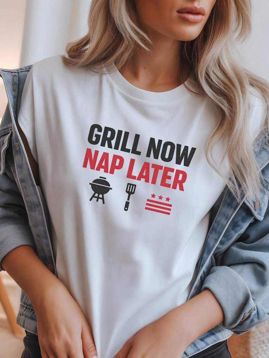 UniS1ex Grill Now Nap Later BBQ T-Shirt, Patriotic Barbecue T-Shirt. Made From 220g Pure Cotton, This UniS1ex T-Shirt Is The Ideal Weight For All Seasons And Is Suitable For Both Men And Women. The Durable, High-Quality Fabric Is Soft To The Touch And Long-Lasting. Breathable And Perfect For Spring And Summer, Holidays, Mother's Day, And Independence Day. - 白色 - 查看 1