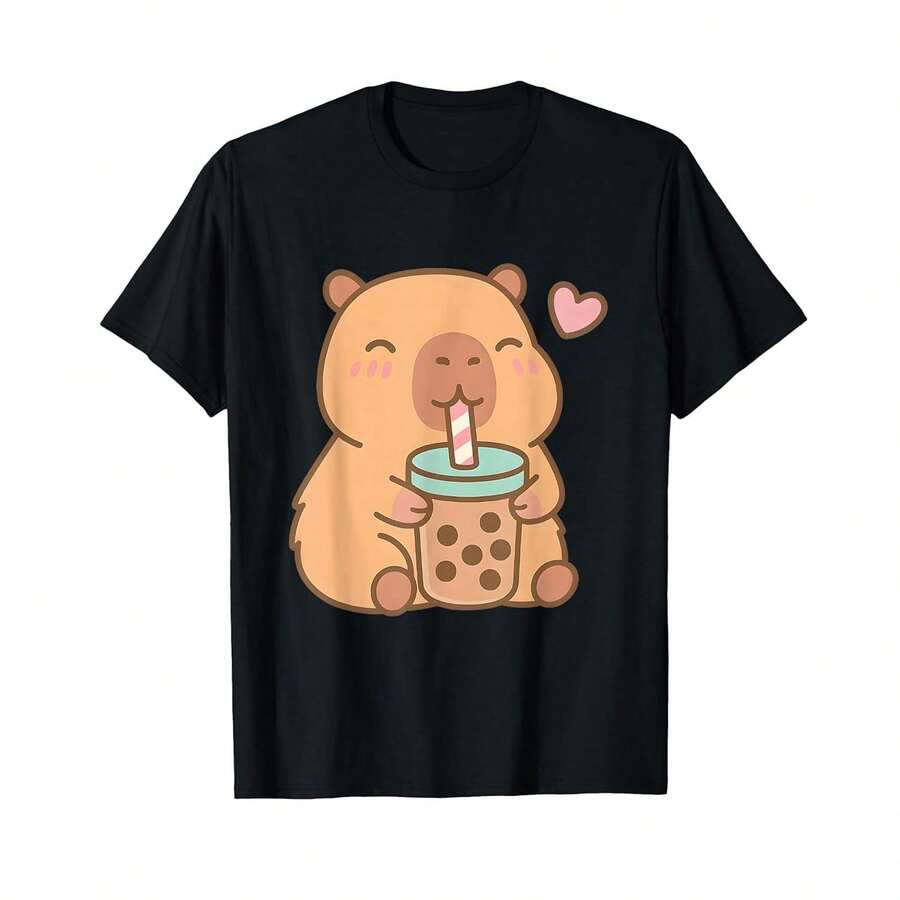Camiseta unisex de manga corta, camiseta para chicas amantes del té de burbujas con diseño de capibara kawaii y anime, camisetas para hombre, Spiderman, ,  Women, Romwe Men, boho chic, regalos para maestros, camiseta para mujer, atuendos curvy para hombre, y2k. - Negro - Ver 1