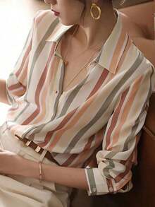 New Loose-Fitting Long-Sleeved Blouse For Women, Plain Color Button-Down Shirt For Spring - 彩色 - 查看 2