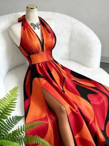 Nuevo vestido maxi elegante, casual y sexy de diseño de alta gama con cuello en V, halter, cintura expuesta, espalda descubierta y corte evasé sin mangas, con estampado floral rojo y verde, vestido de lujo de alta gama para mujer - Rojo - Ver 3