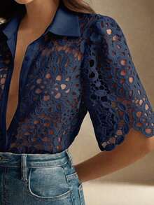 Blusa elegante de mujer con estampado floral y encaje calado, adecuada para primavera/verano, vacaciones, días festivos, playa, festivales - Azul marino - Ver 1