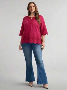 Blusa de verano de talla grande, de unicolor, hueca, bordada, casual, para vacaciones, temporada de bodas, nuevo diseño de playa para mujer - Burdeos - Ver 6