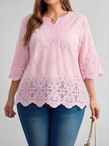 Blusa de verano de talla grande, de unicolor, hueca, bordada, casual, para vacaciones, temporada de bodas, nuevo diseño de playa para mujer - Rosa - Ver 6