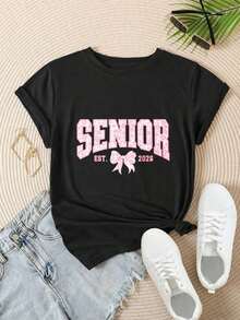 Camiseta Casual de Manga Corta para Mujer - Estilo Senior Est 2026, Estampado de Lazo Rosa, Cuello Redondo, Top de Verano, Lavable a Máquina, Camisetas para Damas, Ropa Casual, Aspecto Moderno, Ajuste Cómodo  
 -Blanco - Negro - Ver 2