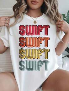 Camiseta Casual Vintage Swift Swift Swift Swift para Mujer con Estampado Moderno, Adecuada para Todas las Temporadas  
 BlackFashion - Blanco - Ver 1
