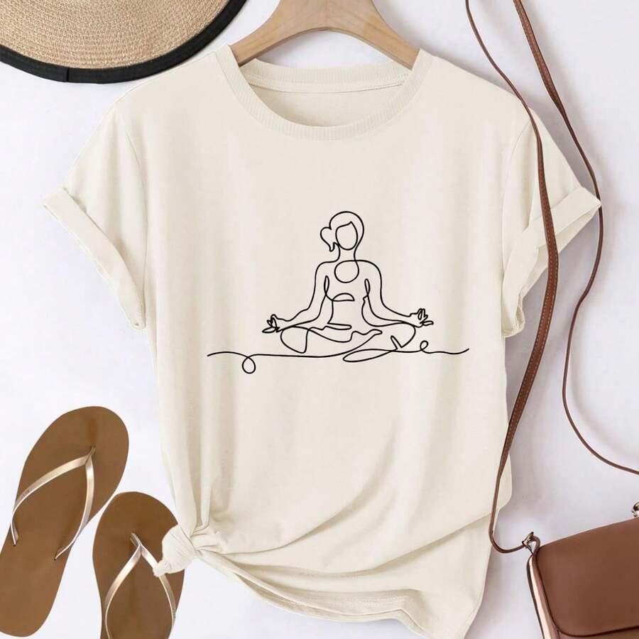 Camiseta para Mujer con Estampado de Letra "C" y Texto Dorado, Manga Corta - Blanco - Ver 1