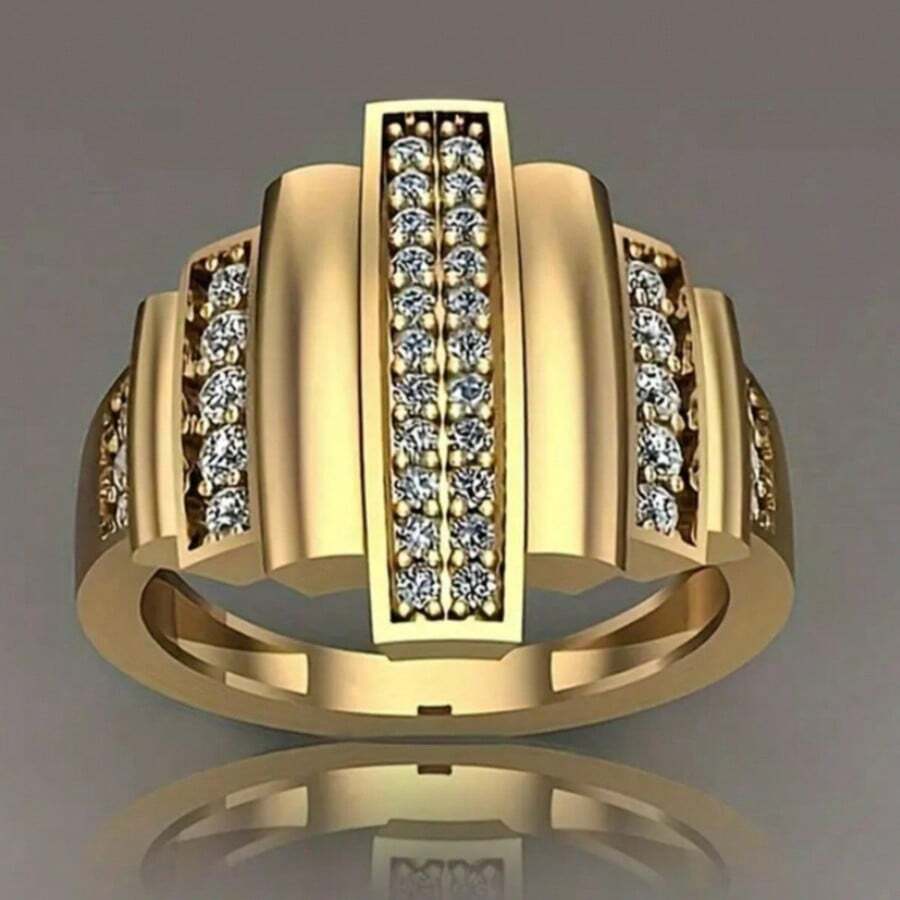 Vintage Staircase Design Men's Ring, Synthetic Zirconia Inlaid, Lightweight Luxurious Material, Versatile Daily Wear Ring - Gold - View 1