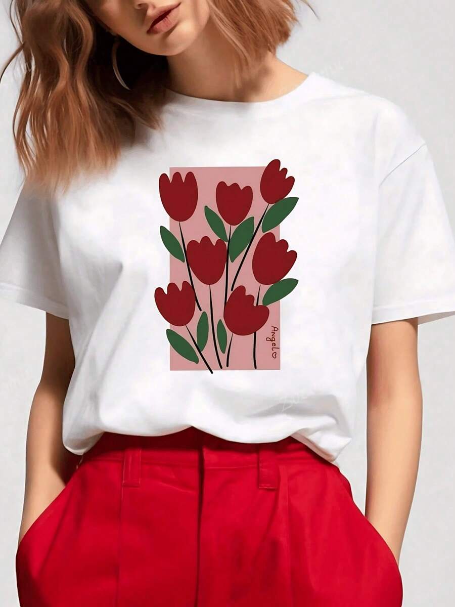 Minimalist And Elegant Women's Cotton T-Shirt With An Artistic Tulip Print. This Casual Short-Sleeve T-Shirt Is Perfect For Everyday Wear. It's A Comfortable And Stylish Graphic Top, Ideal For Summer. This Simple, Solid-Color T-Shirt Features A Relaxed Fit And A Relaxed, Short-Sleeve Design. - 白色的 - 查看 1