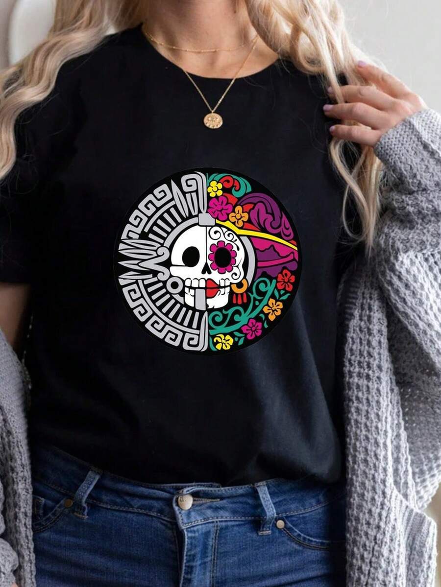Camiseta S1UGAr Skull, Camiseta Flowers Skull, Camiseta Dia De Muertos, Camiseta Day of the Dead, Camiseta Mexican Skull, Camisetas Latina Skeleton. Camiseta unisex de algodón puro de 220 g, peso ideal para todas las estaciones, adecuada tanto para hombres como para mujeres. Tejido duradero de alta calidad, suave al tacto y de larga duración. Top transpirable. Adecuado para la primavera y el verano de las mujeres, vacaciones, Día de la Madre, Día de la Independencia. - Negro - Ver 1