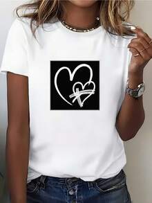 Camiseta de cuello redondo ModaModa para mujer de 180 g con estampado de corazón - Regalo perfecto para Navidad y San Valentín, ideal para reuniones familiares y eventos corporativos, y cómoda camiseta de manga corta para uso diario. - Blanco - Ver 1