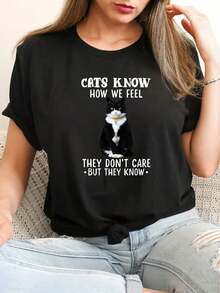 ropa de mujer [Camiseta Deportiva] Camiseta de Mujer con Estampado de Gato y Temática Felina - Blusa Casual de Manga Corta con Cuello Redondo para Primavera Verano, Adecuada para Atuendos Ca - Negro - Ver 6
