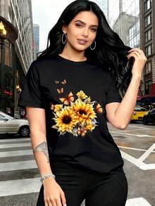 Plus Size Women's T-Shirt - Sunflower And Butterfly Print T-Shirt - Women's Fashionable Casual Summer Urban T-Shirt, Red Print, Round Neck And Short Sleeve, Suitable For Summer/Autumn Wear, Best Gift Idea For Thanksgiving, Christmas And New Year. - 黑色 - 查看 1
