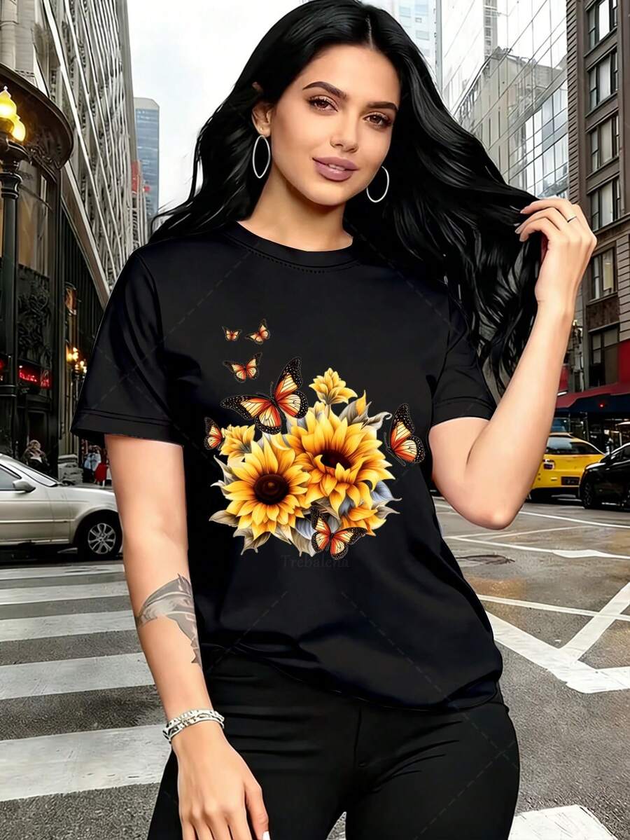 Plus Size Women's T-Shirt - Sunflower And Butterfly Print T-Shirt - Women's Fashionable Casual Summer Urban T-Shirt, Red Print, Round Neck And Short Sleeve, Suitable For Summer/Autumn Wear, Best Gift Idea For Thanksgiving, Christmas And New Year. - 黑色 - 查看 1