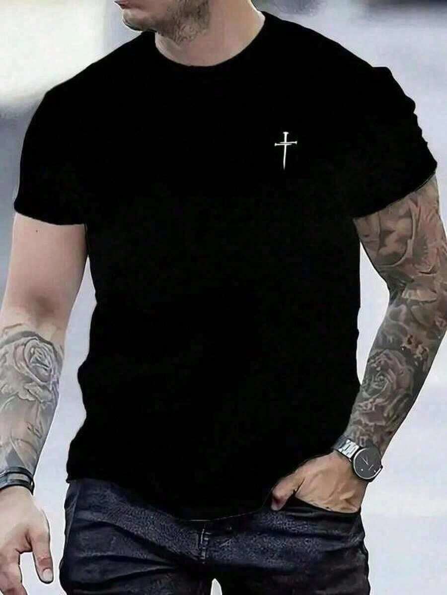 Summer Men's Crew Neck T-Shirts Gym Leisure Vacation High Quality Men's Shirts Y2K Cross Pattern Men's Clothing Festival Sweatshirt Men's Sets Men's Gifts Local Mexico - 黑色 - 查看 1