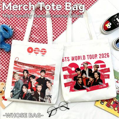 2 piezas Bolso de mano, ARIRANG 2026 World Tour BT21, RM, JIN, SU/GA, J-HOPE, JIMIN, V, JUNG/KOOK BT21, Bolso de hombro con ilustración hecha a mano, regalo de apoyo a los fans, bolsa de compras y transporte, bolsa de supermercado grande plegable y reutilizable de estilo casual