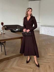 Vestido Mujer Estilo Occidental Elegante, Color Marrón, Escote V, Manga Larga, Cintura Ajustada, Envolvente, Estilo A, Nuevo 2026 - Marrón - Ver 1