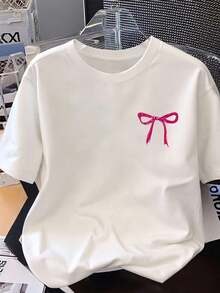 Women's Plus Size Casual T-Shirt With Print And Round Neck, Pink Bow Illustration, Printed T-Shirt Suitable For Daily Wear, Outdoor Activities, Casual And Festive Occasions. Women's Tops - 白色 - 查看 7