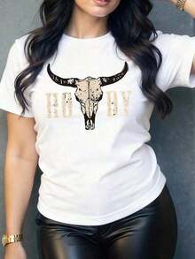 Minimalist Women's Casual T-Shirt With Bull Skull Graphic Print, Original And Modern Design, Ideal For A Relaxed And Comfortable Look, Perfect To Pair With Jeans Or Skirts, Soft And Breathable Fabric. 100% Cotton Women's T-Shirt, Simple Solid Color, Loose And Fitted Cut, Casual Short Sleeves. - 白色的 - 查看 1