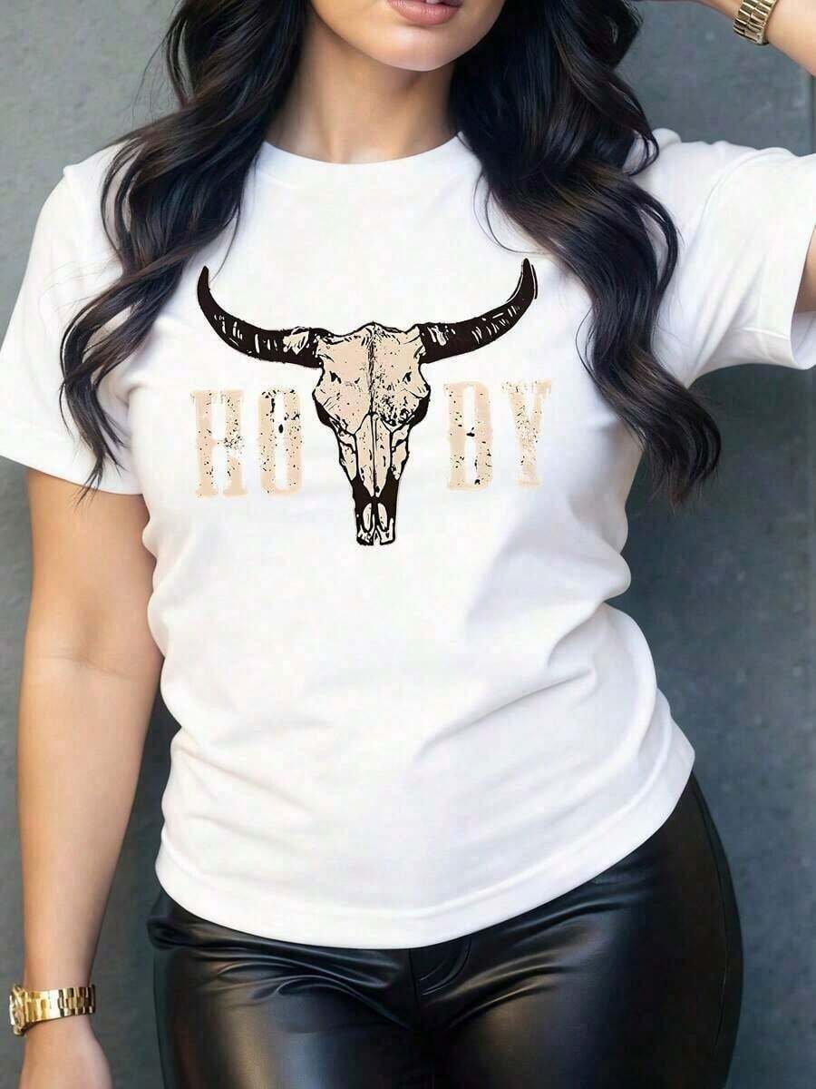 Minimalist Women's Casual T-Shirt With Bull Skull Graphic Print, Original And Modern Design, Ideal For A Relaxed And Comfortable Look, Perfect To Pair With Jeans Or Skirts, Soft And Breathable Fabric. 100% Cotton Women's T-Shirt, Simple Solid Color, Loose And Fitted Cut, Casual Short Sleeves. - 白色的 - 查看 1