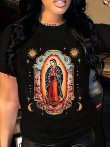 Under The Radar Women's Virgin Of Guadalupe T-Shirt, Catholic Religious Print Of Mary, Iconic Mexican Design, White T-Shirt For Devotees And Cultural Celebrations - Vintage Street Style Unisex Loose Cotton Short Sleeve Crew Neck T-Shirt - 黑色 - 查看 7