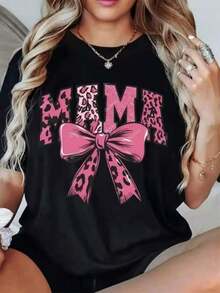 1 Piece Of Women's SS26 T-Shirt With Leopard Graphic Print With The Word MAMA And Pink Bow, 180g, 100% Cotton. - 黑色 - 查看 1