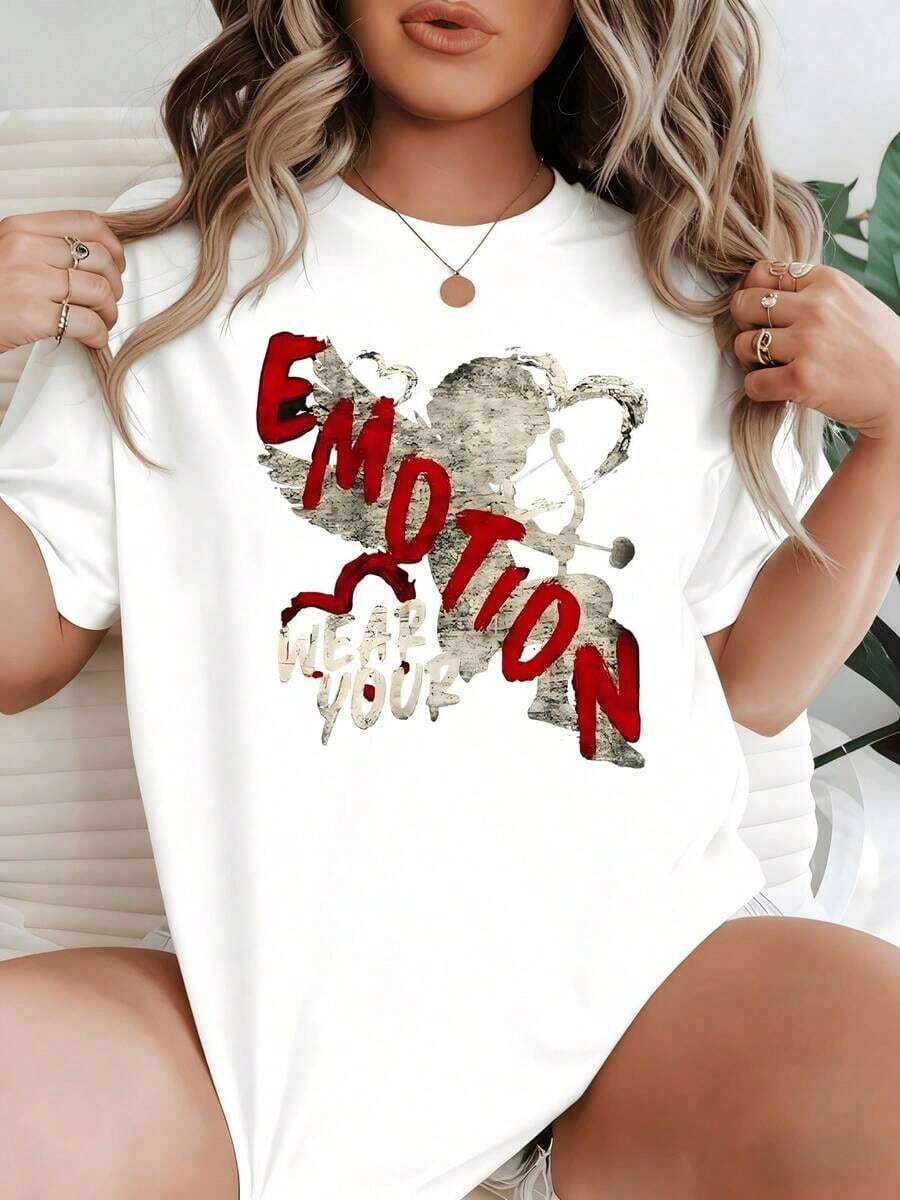 Minimalist Graphic With Angel Silhouette Holding Bow And Arrows Surrounded By Red Hearts And Inspirational Text. Women's T-Shirt, 100% Cotton, 220g. Women's Simple Solid Color T-Shirt, Loose And Slim Fit Casual Short Sleeve - 白色的 - 查看 1